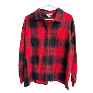 Womens Old Navy Cropped Boyfriend Red Buffalo Check‎ Plaid Flannel Shirt Size XL